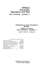 Manual técnico de teste e operação em pdf da escavadeira John Deere 870GLC (PIN E870001-) - John Deere manuais - JD-TM12176-EN