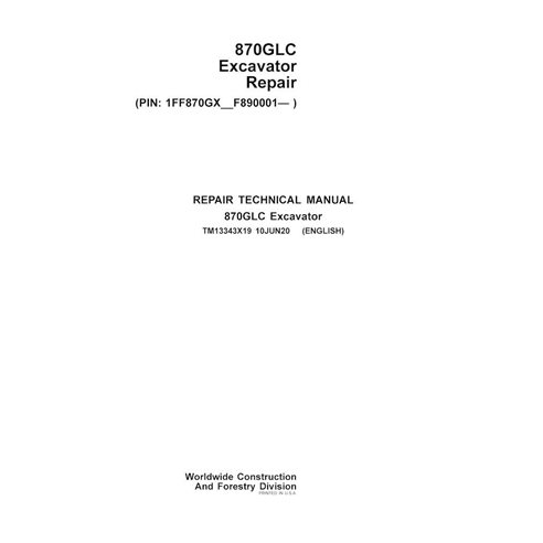 Manual técnico de reparo em pdf da escavadeira John Deere 870GLC (PIN F890001-) - John Deere manuais - JD-TM13343X19-EN