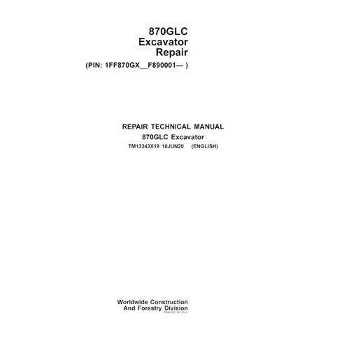 TM13343X19 Manuel technique de réparation pdf de l'excavatrice John Deere 870GLC (PIN F890001-)