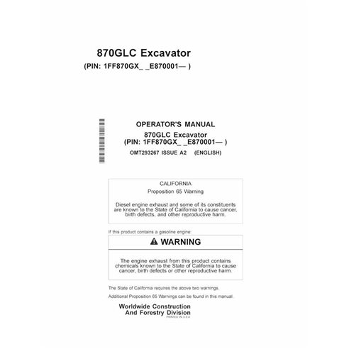 John Deere 870GLC (PIN E870001-) excavator pdf operator's manual  - John Deere manuals - JD-OMT293267-EN