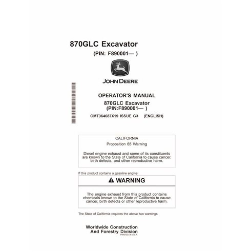 Manual del operador de la excavadora John Deere 870GLC (PIN F890001-) en pdf - John Deere manuales - JD-OMT364687X19-EN