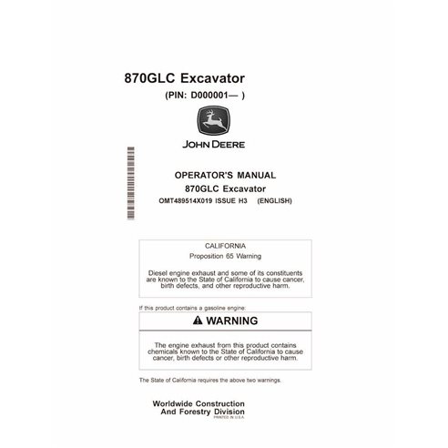 Manual del operador de la excavadora John Deere 870GLC (PIN D000001-) en formato PDF - John Deere manuales - JD-OMT489514X019-EN