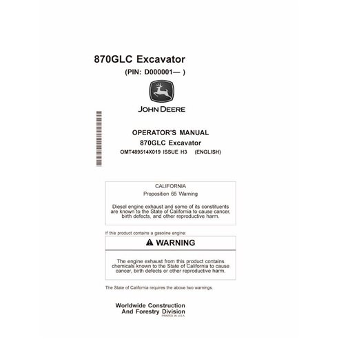 JD-OMT489514X019 Manual del operador de la excavadora John Deere 870GLC (PIN D000001-) en formato PDF