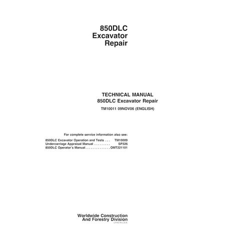 Manual técnico de reparación en pdf de la excavadora John Deere 850DLC - John Deere manuales - JD-TM10011-EN