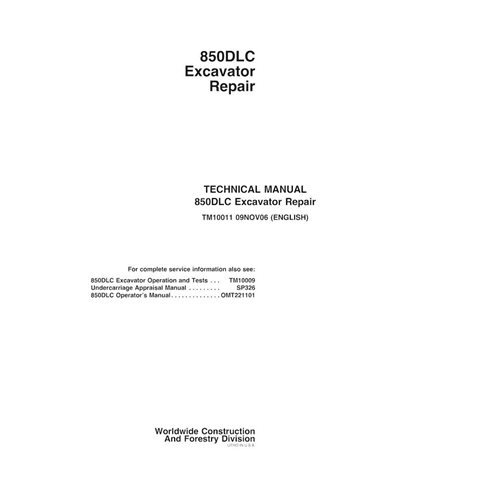 TM10011 Manuel technique de réparation pdf de l'excavatrice John Deere 850DLC