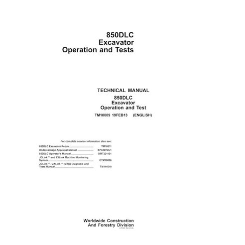Manual técnico de operação e teste em pdf da escavadeira John Deere 850DLC - John Deere manuais - JD-TM10009-EN