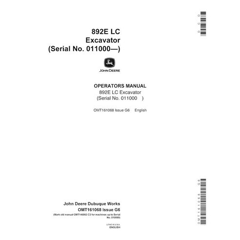 John Deere 892ELC excavator pdf operator's manual  - John Deere manuals - JD-OMT161068-EN