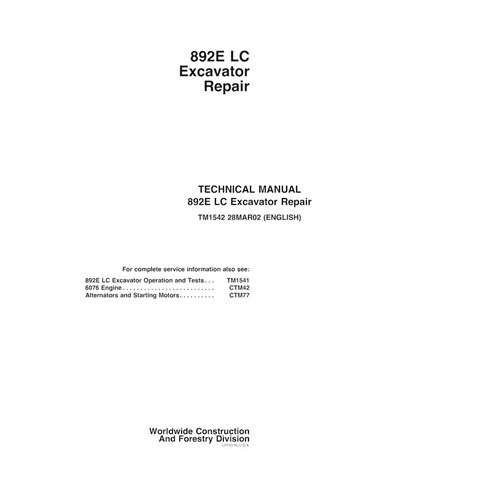 Manual técnico de reparación en pdf de la excavadora John Deere 892ELC - John Deere manuales - JD-TM1542-EN