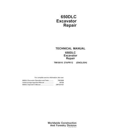 Manual técnico de reparo em pdf da escavadeira John Deere 650DLC - John Deere manuais - JD-TM10010-EN