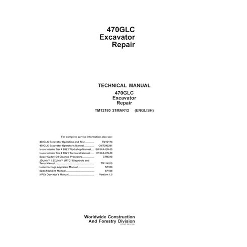 Manual técnico de reparación en pdf de la excavadora John Deere 470GLC - John Deere manuales - JD-TM12180-EN