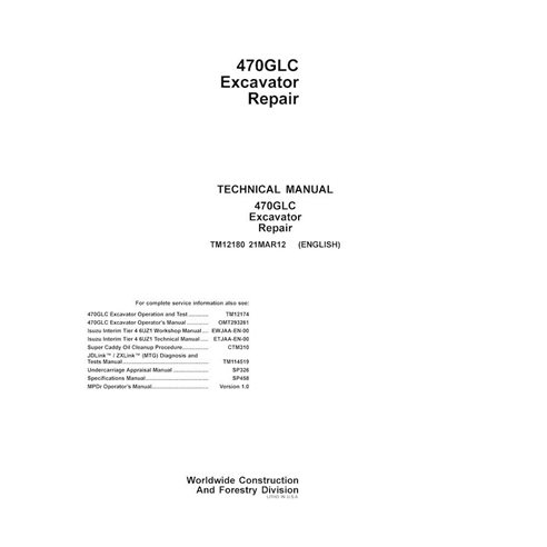 Manuel technique de réparation pdf de l'excavatrice John Deere 470GLC - John Deere manuels - JD-TM12180-EN