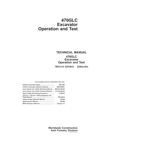 Manual técnico de operação e teste em pdf da escavadeira John Deere 470GLC - John Deere manuais - JD-TM12174-EN