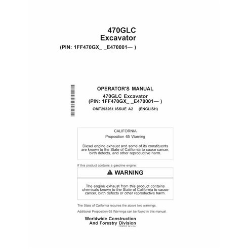 Manuel de l'opérateur pdf de la pelle John Deere 470GLC (PIN E470001-) - John Deere manuels - JD-OMT293261-EN