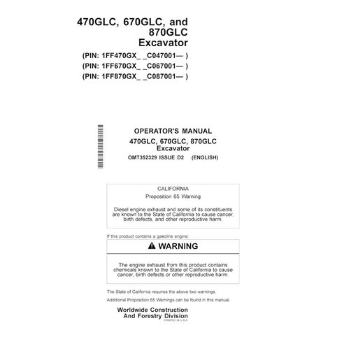 JD-OMT352329 John Deere 470GLC, 670GLC, 870GLC excavator operator's manual (OMT352329)