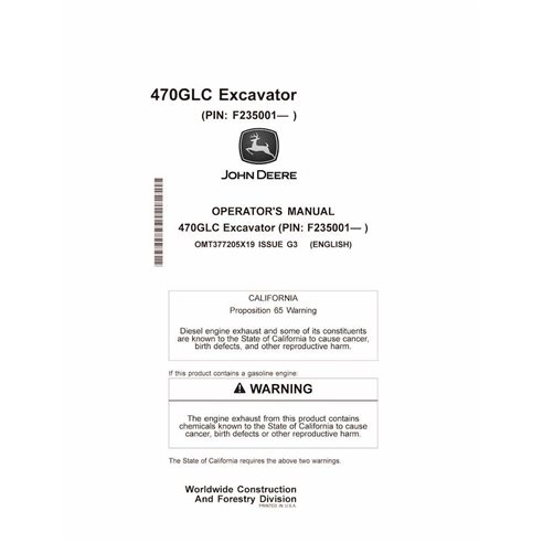 Manual del operador de la excavadora John Deere 470GLC (PIN F235001-) en pdf - John Deere manuales - JD-OMT377205X19-EN