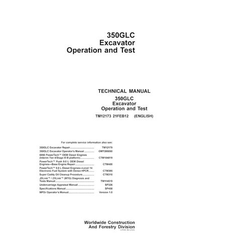 TM12173 Manuel technique de fonctionnement et de test pdf de l'excavatrice John Deere 350GLC
