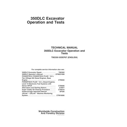 Manuel technique de fonctionnement et de test pdf de l'excavatrice John Deere 350DLC - John Deere manuels - JD-TM2359-EN