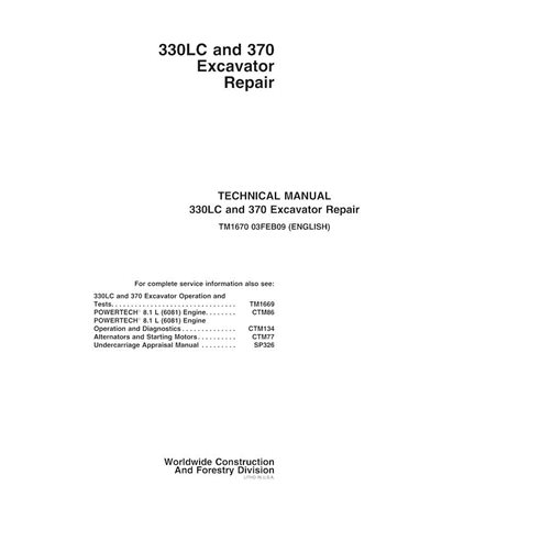Manual técnico de reparo em pdf da escavadeira John Deere 330LC, 370 - John Deere manuais - JD-TM1670-EN