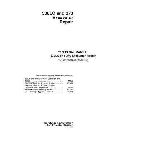 TM1670 John Deere 330LC, 370 excavator repair technical manual (TM1670)