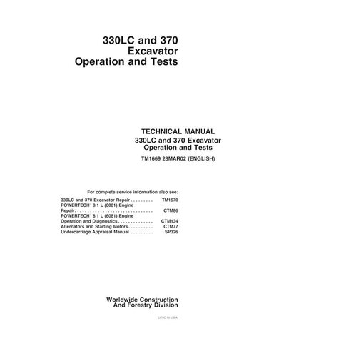 Manual técnico de operação e teste em pdf da escavadeira John Deere 330LC, 370 - John Deere manuais - JD-TM1669-EN