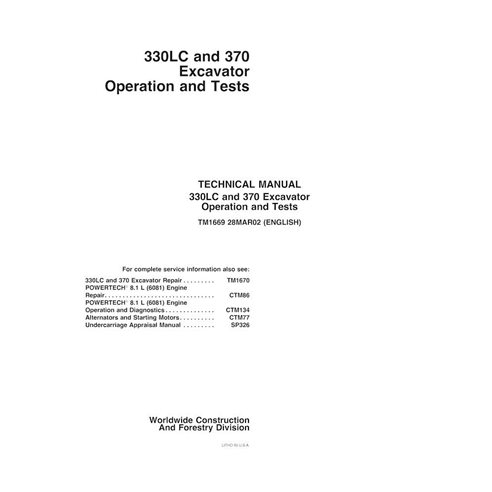 TM1669 John Deere 330LC, 370 pelle pdf manuel technique d'utilisation et de test