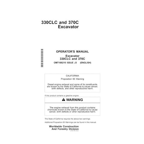 Manual del operador de la excavadora John Deere 330CLC, 370C en pdf - John Deere manuales - JD-OMT188215-EN