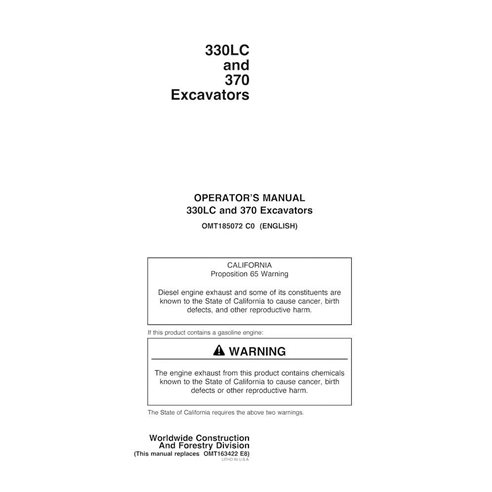 John Deere 330LC, 370 excavadora manual del operador en pdf - John Deere manuales - JD-OMT185072-EN