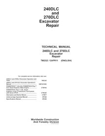 Manual técnico de reparación en pdf de la excavadora John Deere 240DLC, 270DLC - John Deere manuales - JD-TM2323-EN