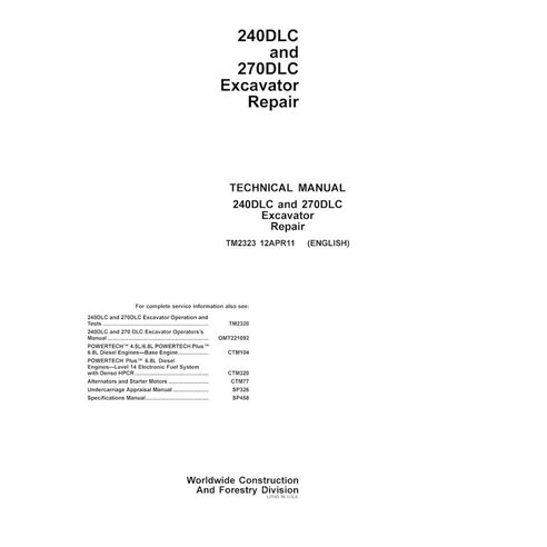 Manual técnico de reparo em pdf da escavadeira John Deere 240DLC, 270DLC - John Deere manuais - JD-TM2323-EN