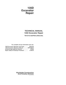 Manual técnico de reparo em pdf da escavadeira John Deere 135D - John Deere manuais - JD-TM10743-EN