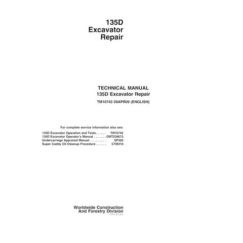 Manual técnico de reparo em pdf da escavadeira John Deere 135D - John Deere manuais - JD-TM10743-EN