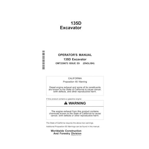 Manual do operador em pdf da escavadeira John Deere 135D - John Deere manuais - JD-OMT239673-EN