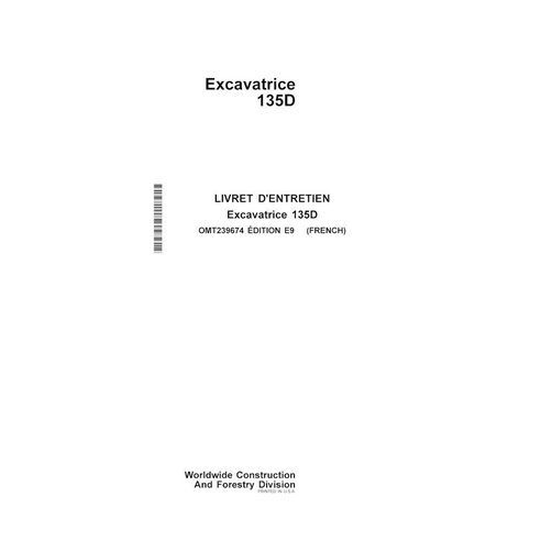 Manual do operador em pdf da escavadeira John Deere 135D FR - John Deere manuais - JD-OMT239674-FR