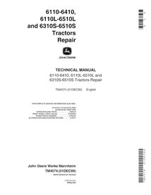 TM4574 Manual técnico de reparación de tractores John Deere 6110-6410, 6110L-6510L y 6310S-6510S (TM4574)