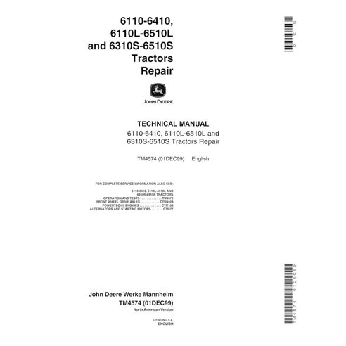 John Deere 6110-6410, 6110L-6510L and 6310S-6510S tractor pdf repair technical manual - John Deere manuals - JD-TM4574-EN