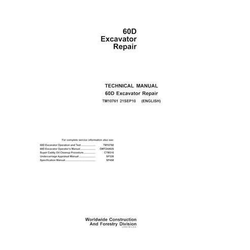 Manual técnico de reparo em pdf da escavadeira John Deere 60D - John Deere manuais - JD-TM10761-EN