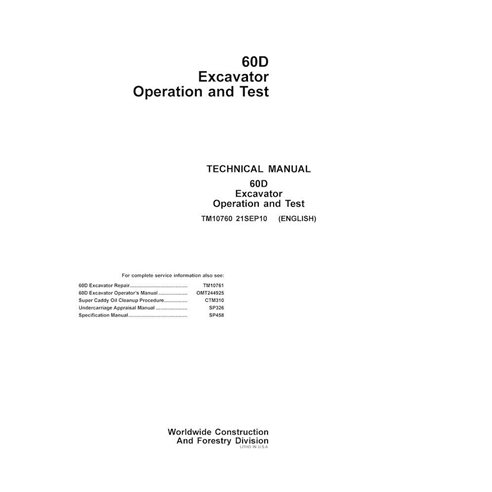 Manual técnico de operação e teste em pdf da escavadeira John Deere 60D - John Deere manuais - JD-TM10760-EN
