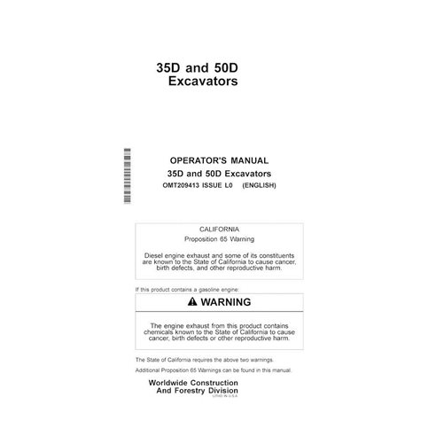 Manual do operador em pdf da escavadeira John Deere 35D, 50D - John Deere manuais - JD-OMT209413-EN