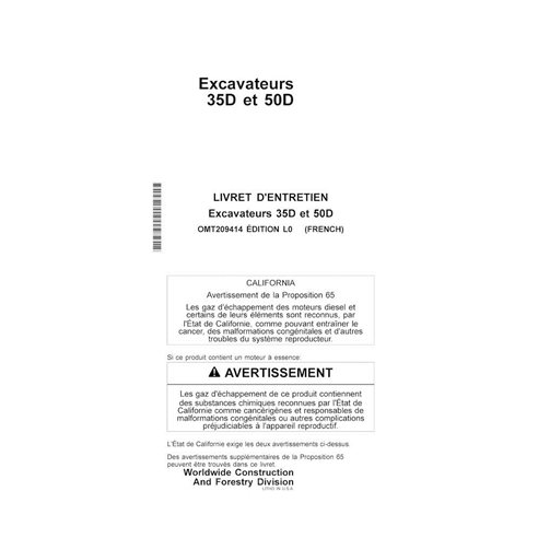 Manual del operador de la excavadora John Deere 35D, 50D pdf FR - John Deere manuales - JD-OMT209414-FR