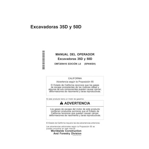 Manuel de l'opérateur pdf pour pelle John Deere 35D, 50D ES - John Deere manuels - JD-OMT209415-ES