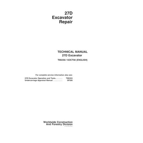 Manual técnico de reparo em pdf da escavadeira John Deere 27D - John Deere manuais - JD-TM2356-EN