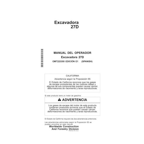 Manual do operador em pdf da escavadeira John Deere 27D ES - John Deere manuais - JD-OMT223350-ES