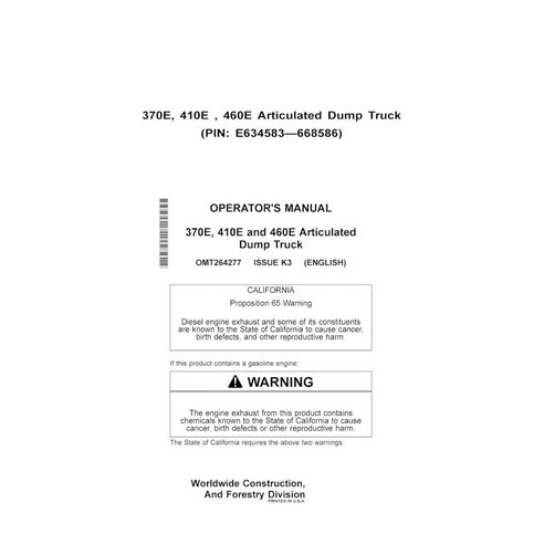 John Deere 370E, 410E, 460E (PIN E634583-668586) manual del operador del camión articulado en pdf - John Deere manuales - JD-...