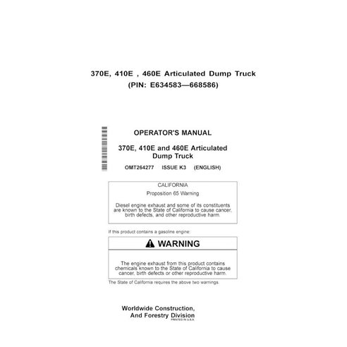 JD-OMT264277 John Deere 370E, 410E, 460E (PIN E634583-668586) articulated truck operator's manual (OMT264277)