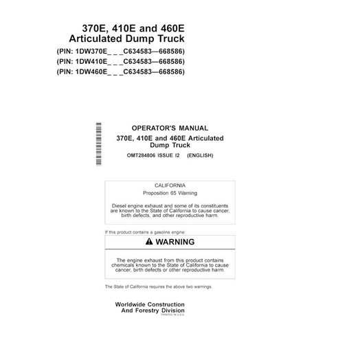 John Deere 370E, 410E, 460E (PIN C634583-668586) manual del operador del camión articulado en pdf - John Deere manuales - JD-...