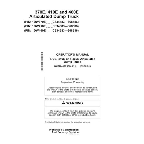 JD-OMT284806 John Deere 370E, 410E, 460E (PIN C634583-668586) articulated truck operator's manual (OMT284806)