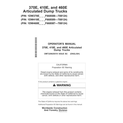 John Deere 370E, 410E, 460E (PIN F668587-708124) articulated truck pdf operator's manual  - John Deere manuals - JD-OMT329825...