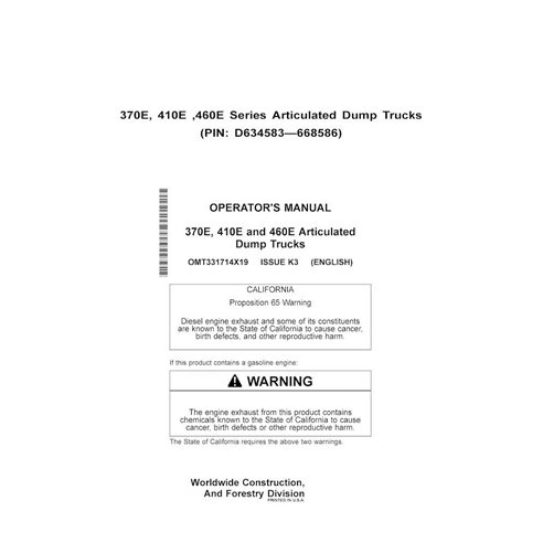 John Deere 370E, 410E, 460E (PIN D634583-668586) articulated truck pdf operator's manual  - John Deere manuals - JD-OMT331714...