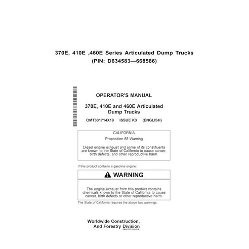 Manuel de l'opérateur pdf pour camion articulé John Deere 370E, 410E, 460E (PIN D634583-668586) - John Deere manuels - JD-OMT...