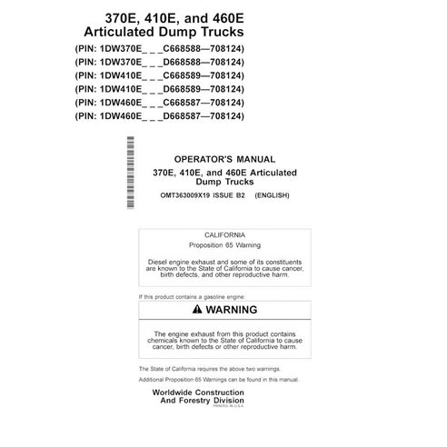 JD-OMT363009X19 John Deere 370E, 410E, 460E (PIN D668587-708124) articulated truck operator's manual (OMT363009X19)